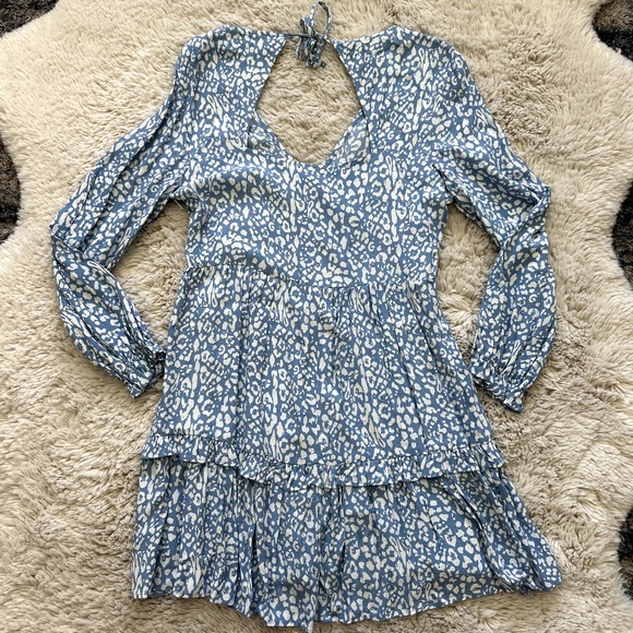 Zara Blue Floral Long Sleeve Ruffle Boho Dress with Keyhole Back and Tie Size M - Picture 8 of 8